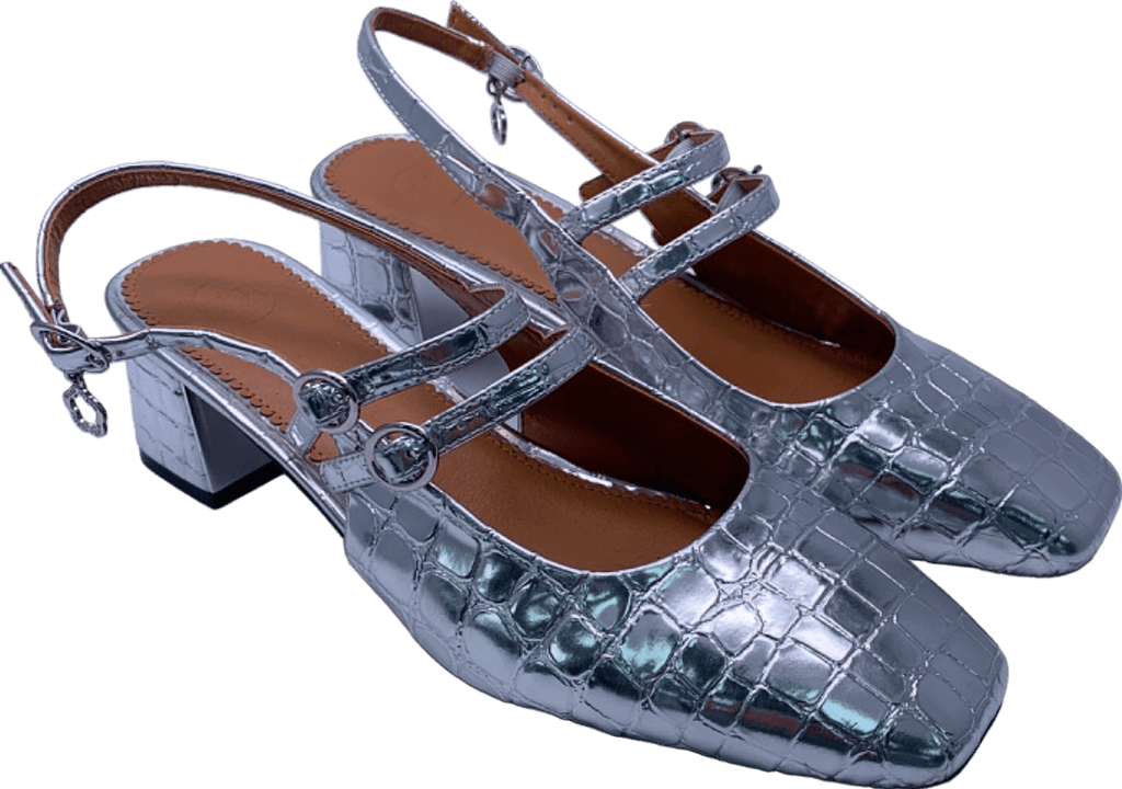 River Island Silver Croc Embossed Slingback Block Heel Shoes UK 7 - Reliked
