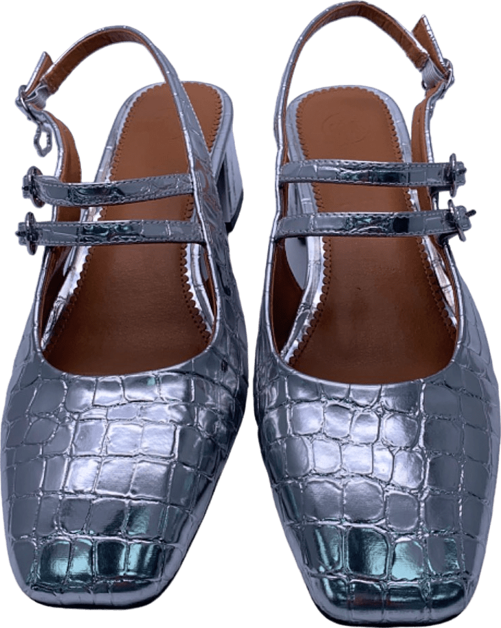 River Island Silver Croc Embossed Slingback Block Heel Shoes UK 7 - Reliked
