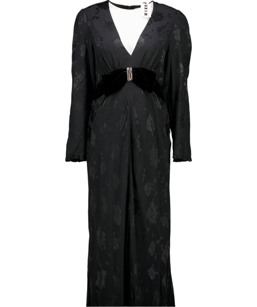 Rixo Black Floral - jacquard Maxi Dress With Crystal Embellished Velvet Bow UK 12 - Reliked