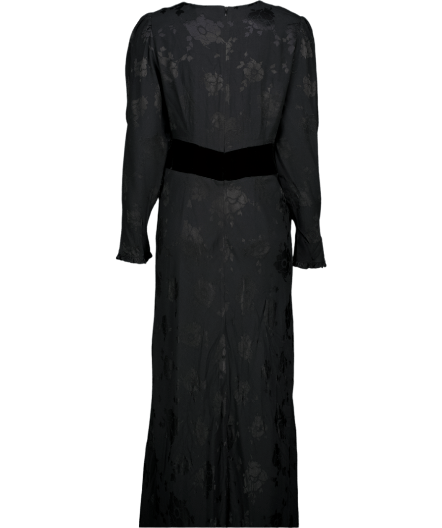 Rixo Black Floral - jacquard Maxi Dress With Crystal Embellished Velvet Bow UK 12 - Reliked