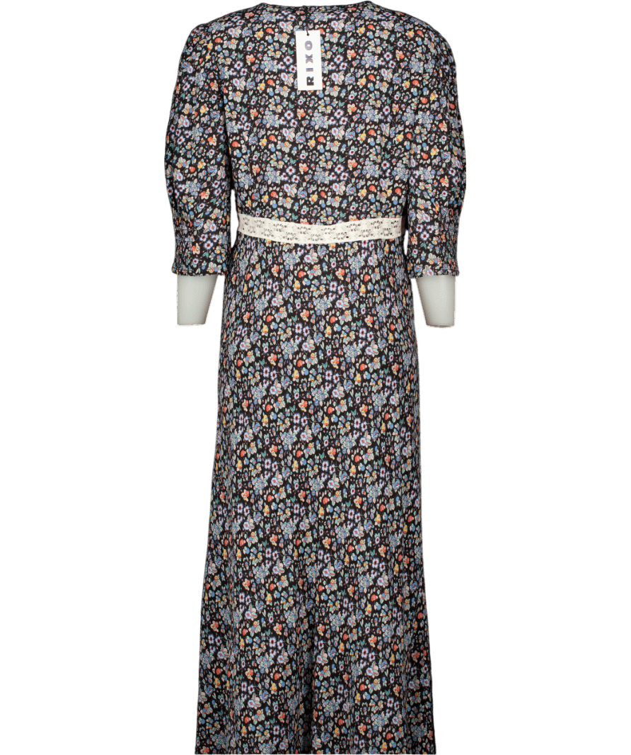 RIXO Black / Multicoloured Gemma Crochet - trimmed Floral - print Crepe Midi Dress UK 14 - Reliked