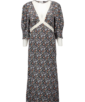 RIXO Black / Multicoloured Gemma Crochet-trimmed Floral-print Crepe Midi Dress UK 14