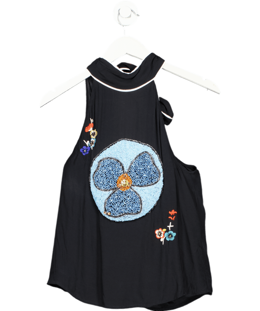 Rixo Black Zoey Halterneck Top Embellised Embroidery UK S - Reliked