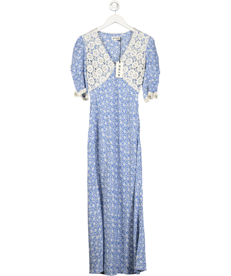 Rixo Blue Olga Lace Trimmed Crepe De Chine Midi Dress UK XXS - Reliked