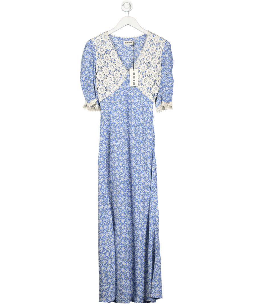 Rixo Blue Olga Lace Trimmed Crepe De Chine Midi Dress UK XXS - Reliked