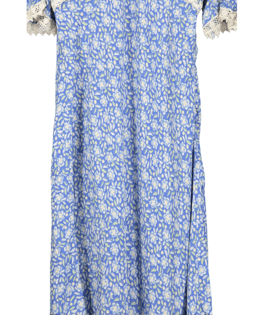 Rixo Blue Olga Lace Trimmed Crepe De Chine Midi Dress UK XXS - Reliked