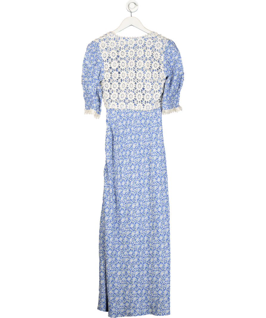 Rixo Blue Olga Lace Trimmed Crepe De Chine Midi Dress UK XXS - Reliked