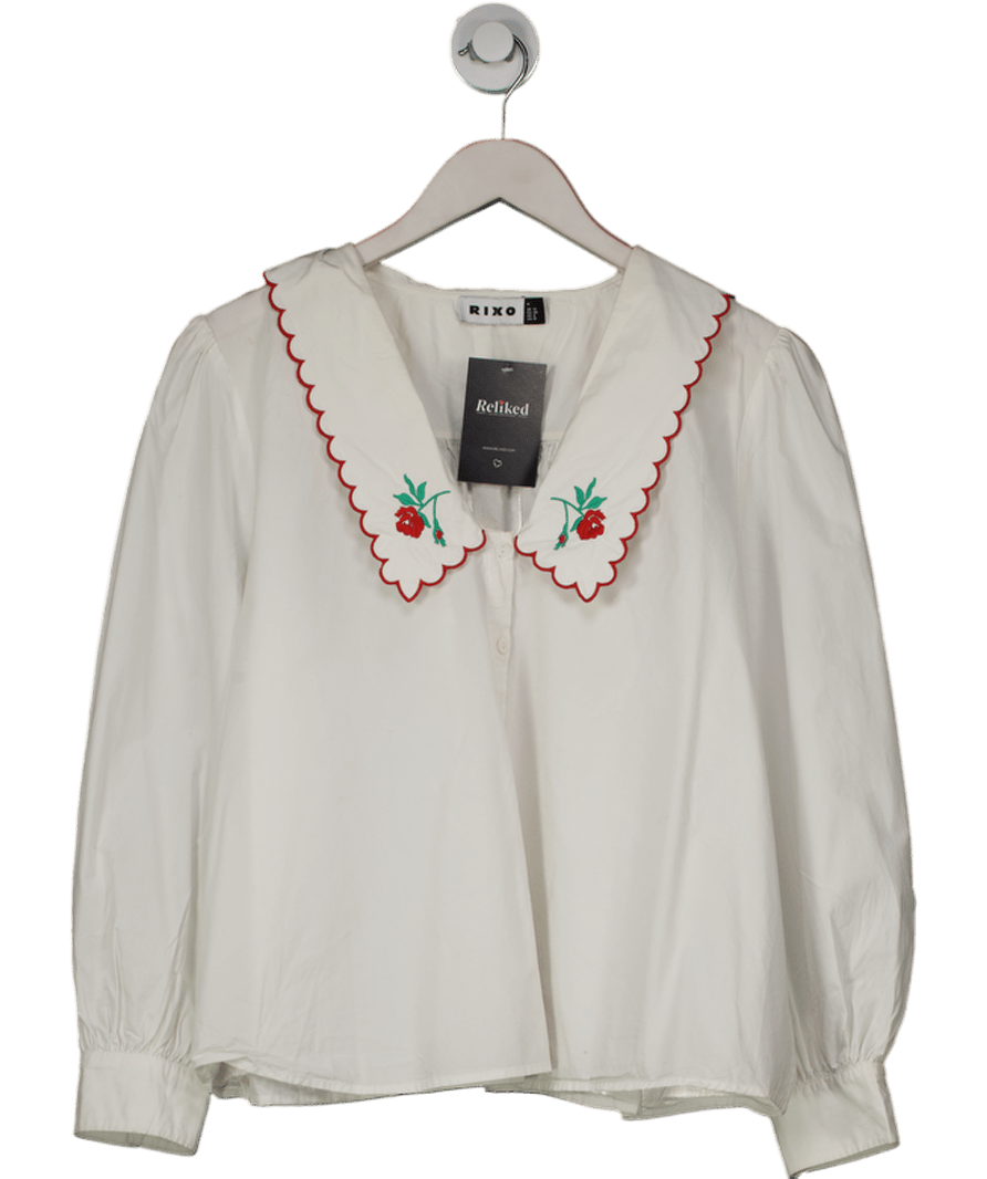 RIXO Lila Embroidered Cotton - poplin Scallop Collar Blouse In White UK M - Reliked