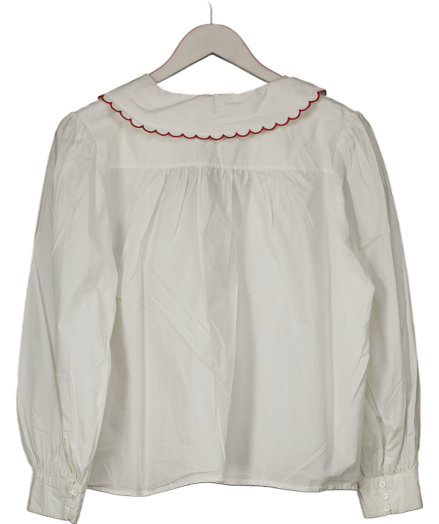 RIXO Lila Embroidered Cotton - poplin Scallop Collar Blouse In White UK M - Reliked