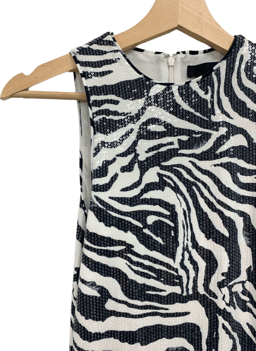Rotate Bright White Zebra Sequins Sleeveless Dress UK XS - Reliked