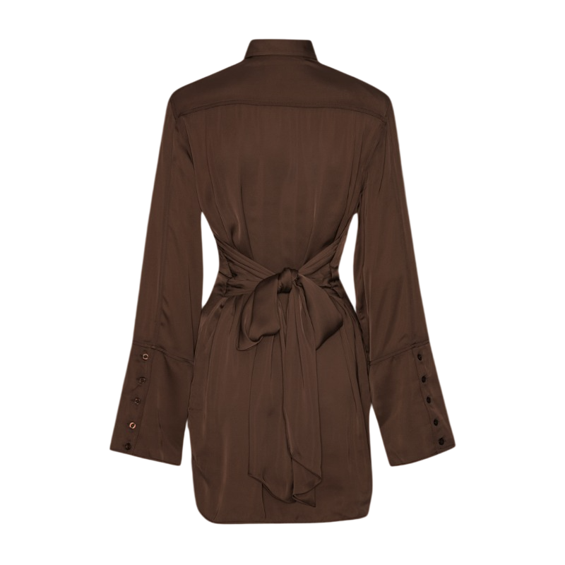 ROTATE Chocolate Brown Satin Tie Shirt Dress UK 6