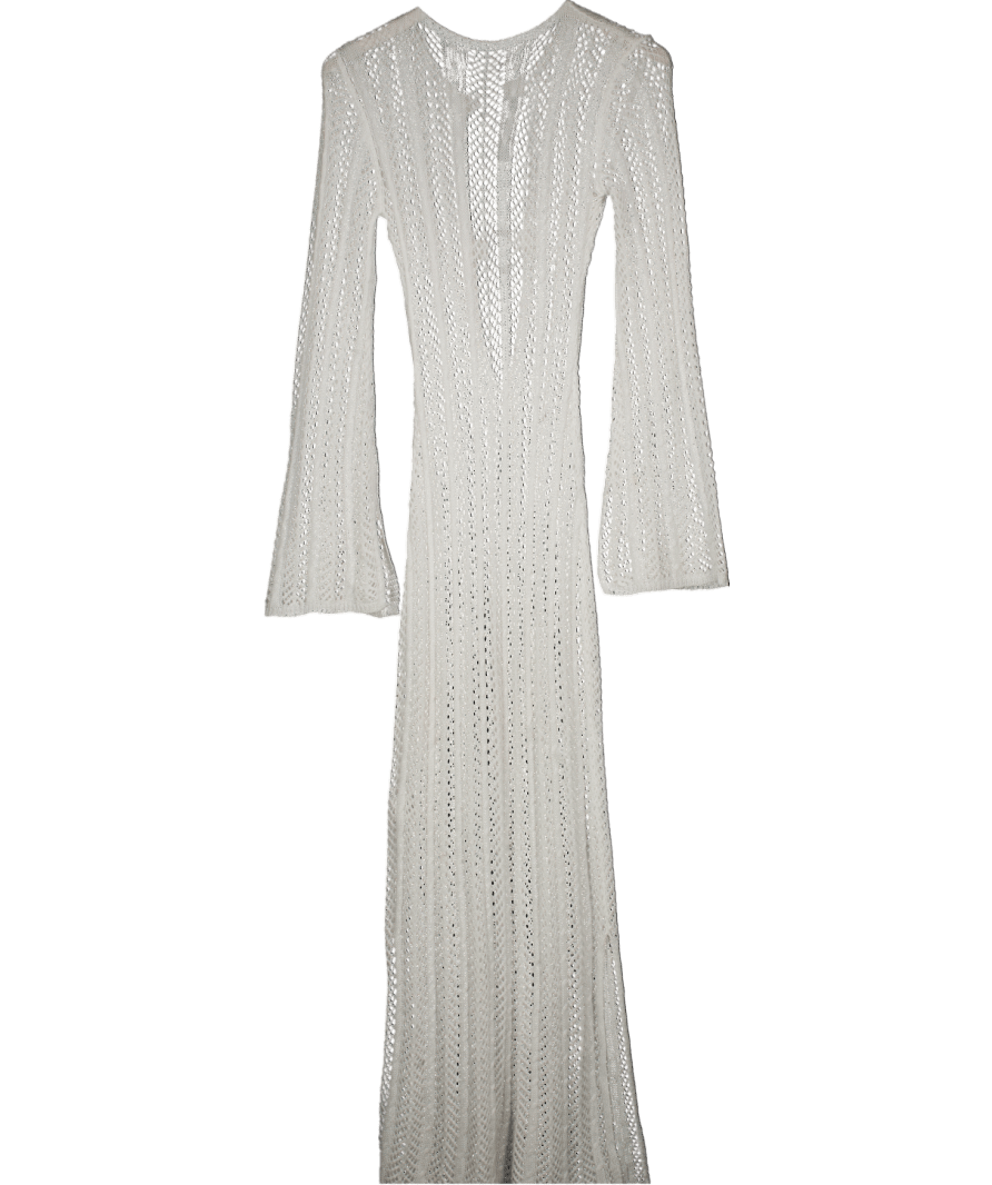 Ruched & Ready White Crochet Long - sleeve Maxi Dress UK XS/S - Reliked