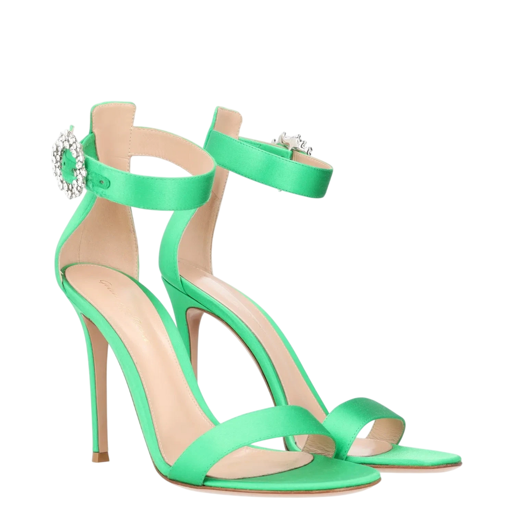 GIANVITO ROSSI Green Satin Crystal Buckle Portofino Heeled 105mm Sandals UK 6 EU 39