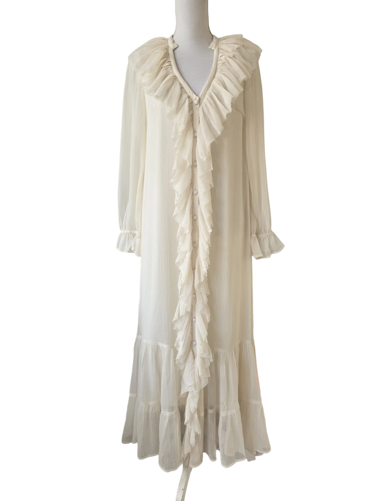 TOPSHOP Cream Frill Chiffon Long Sleeve Maxi Dress UK 14