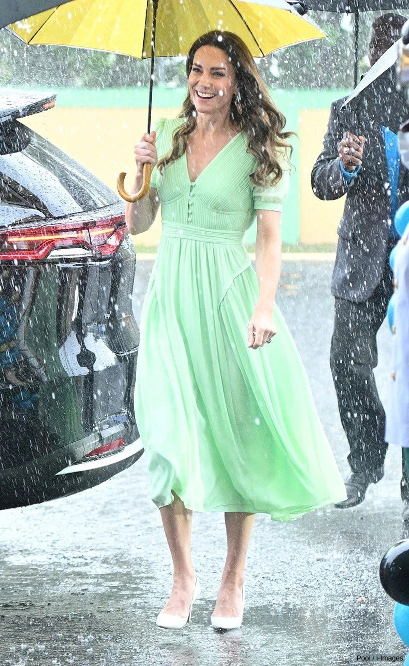 SELF PORTRAIT Green Faux Pearl-embellished Pleated Chiffon Midi Dress UK 8