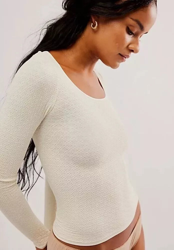 Free People White Love Letter Seamless Long Sleeve Top UK XS/S