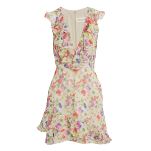SALONI Cream Cece Ruffled Floral-print Mini Dress UK 10