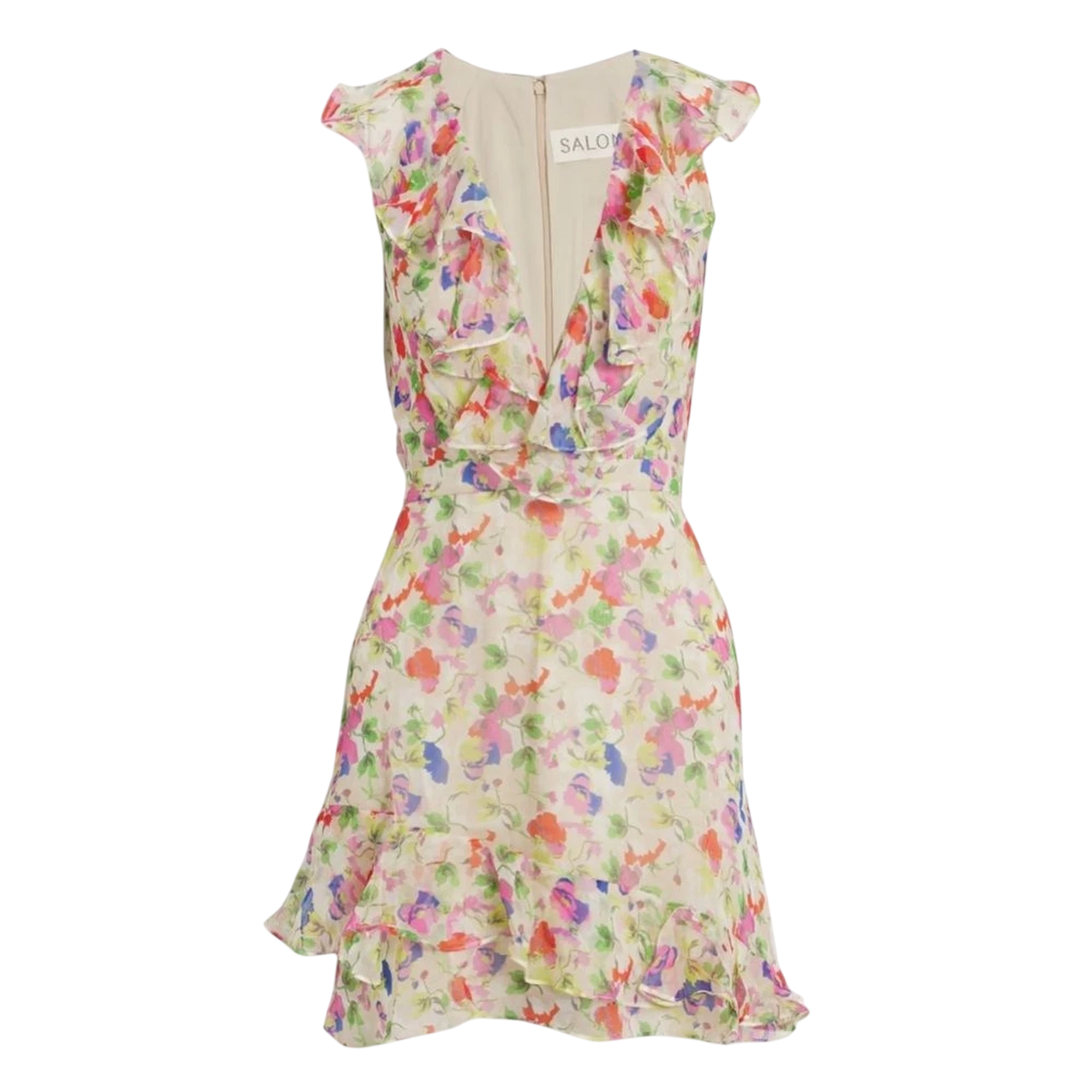 SALONI Cream Cece Ruffled Floral-print Mini Dress UK 10