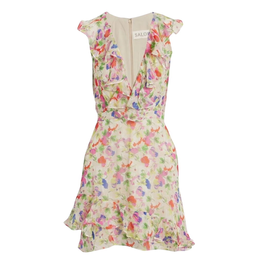SALONI Cream Cece Ruffled Floral-print Mini Dress UK 10