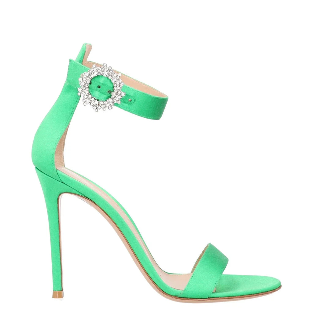 GIANVITO ROSSI Green Satin Crystal Buckle Portofino Heeled 105mm Sandals UK 6 EU 39