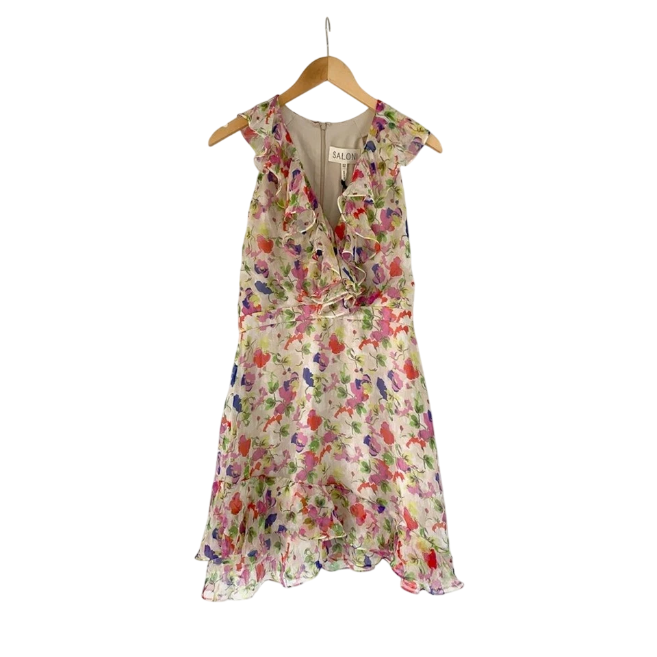 SALONI Cream Cece Ruffled Floral-print Mini Dress UK 10