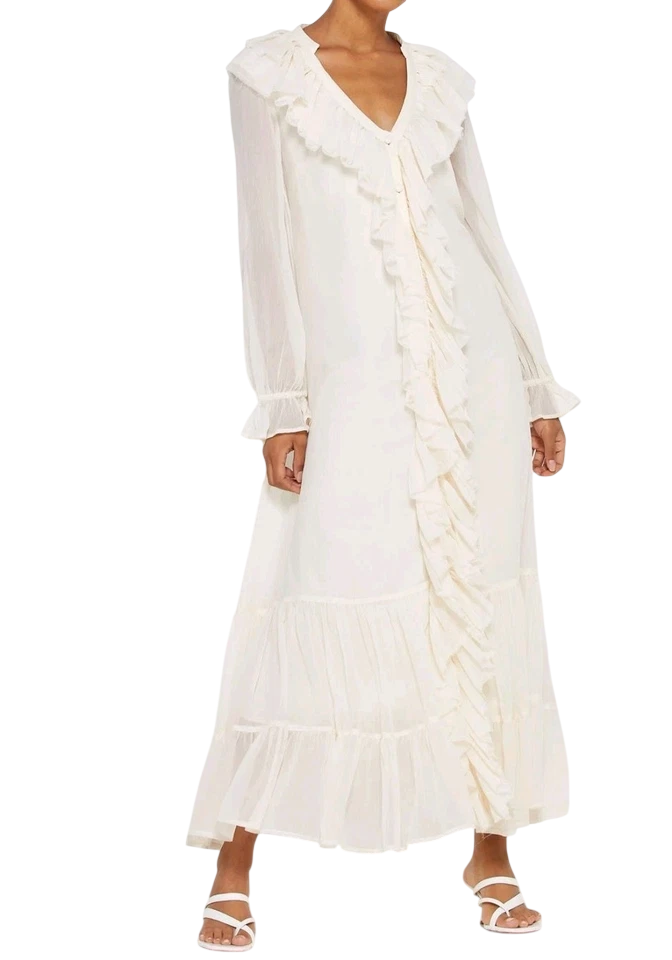 TOPSHOP Cream Frill Chiffon Long Sleeve Maxi Dress UK 14