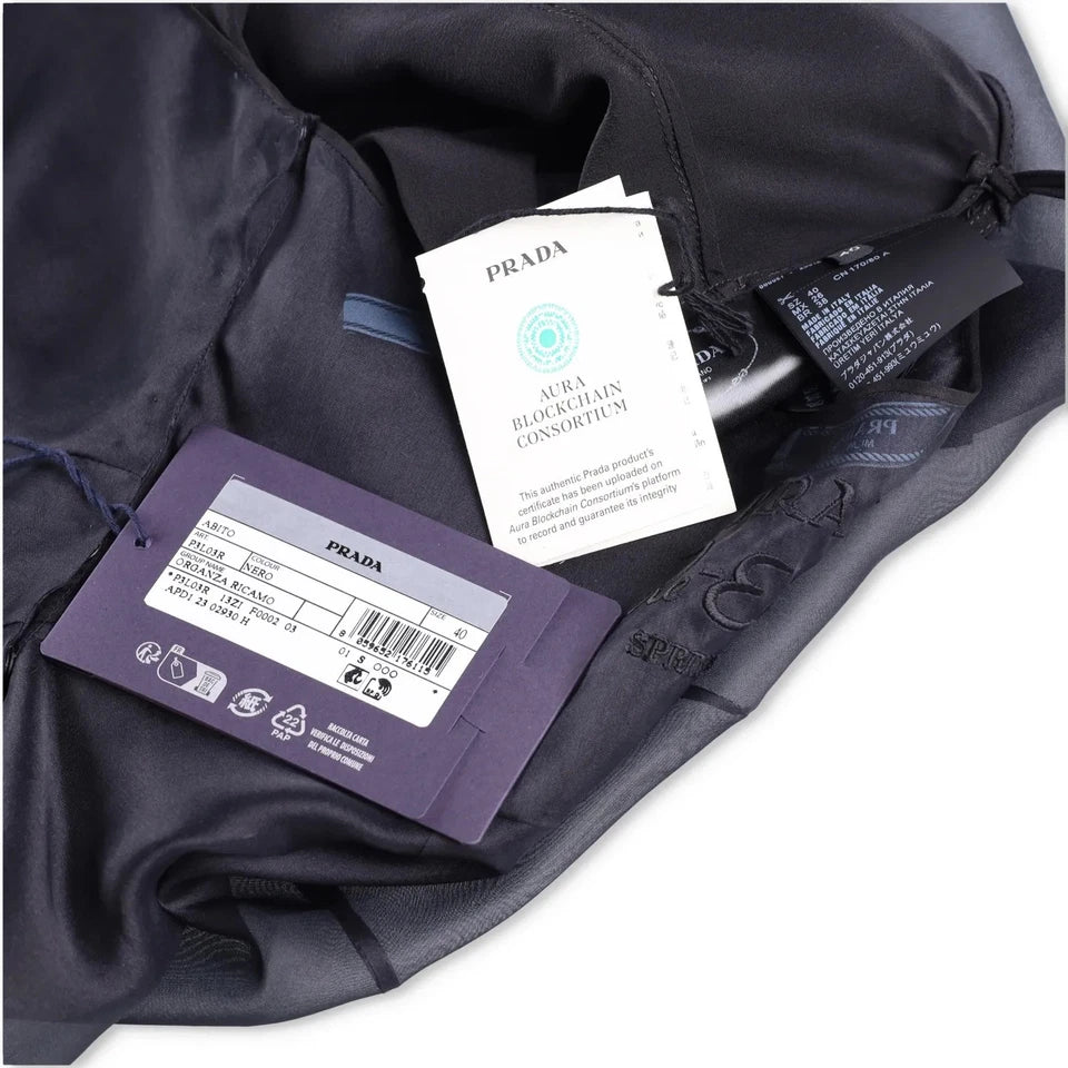 PRADA Black Re-edition 1995 Silk Organza Embroidered Logo Halterneck Dress IT40 UK 12