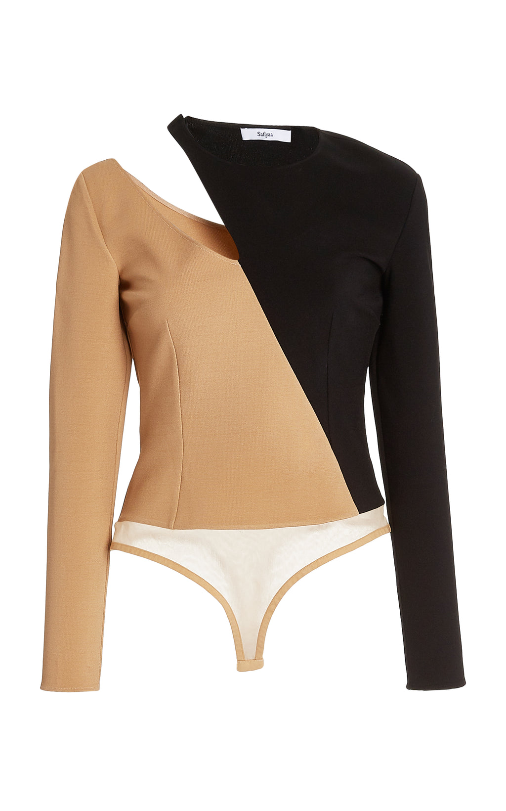 Safiyaa Beige Two Tone Asymmetric Cut Out Bodysuit UK 8