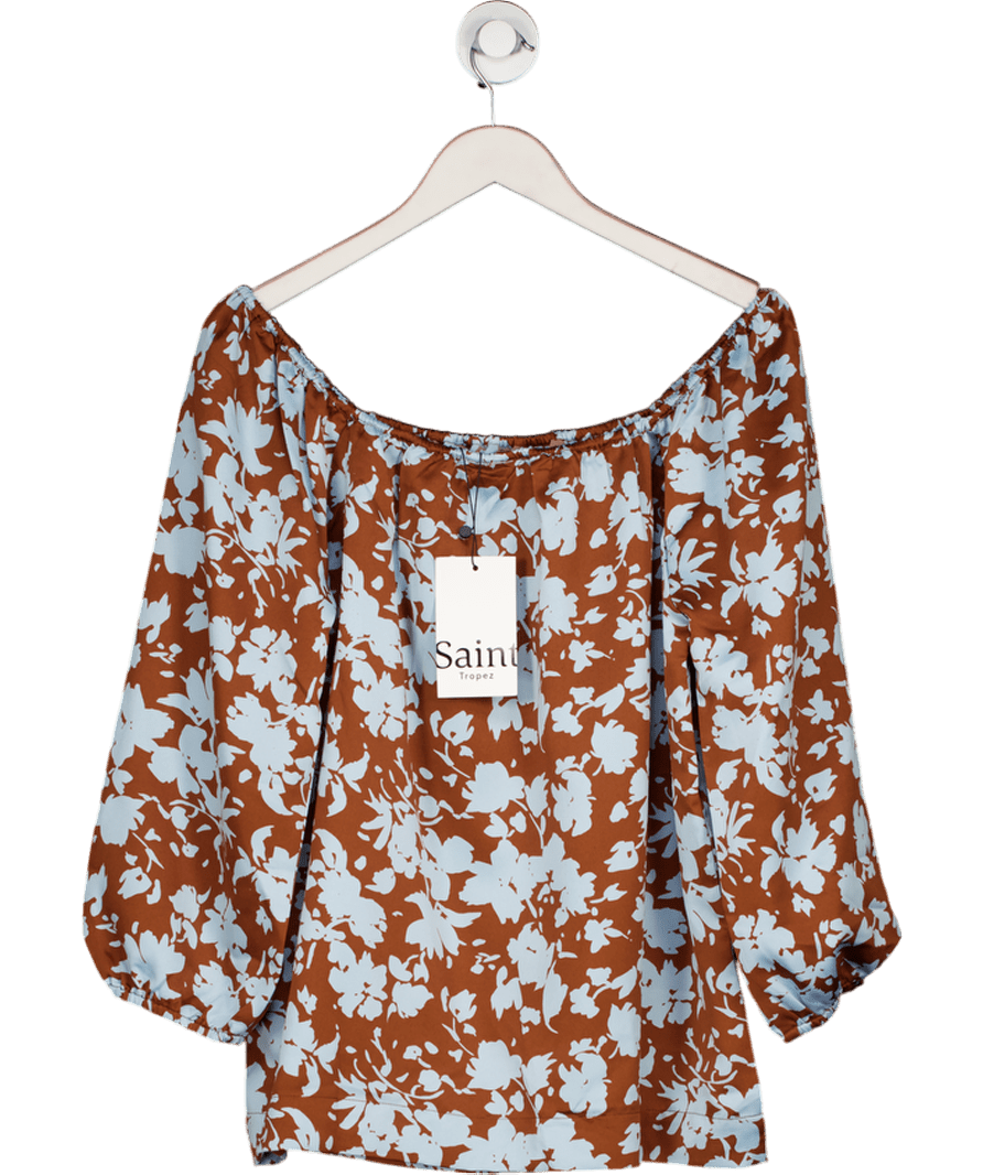 SAINT TROPEZ Blue / Mocha Floral Satin Blouse UK M - Reliked