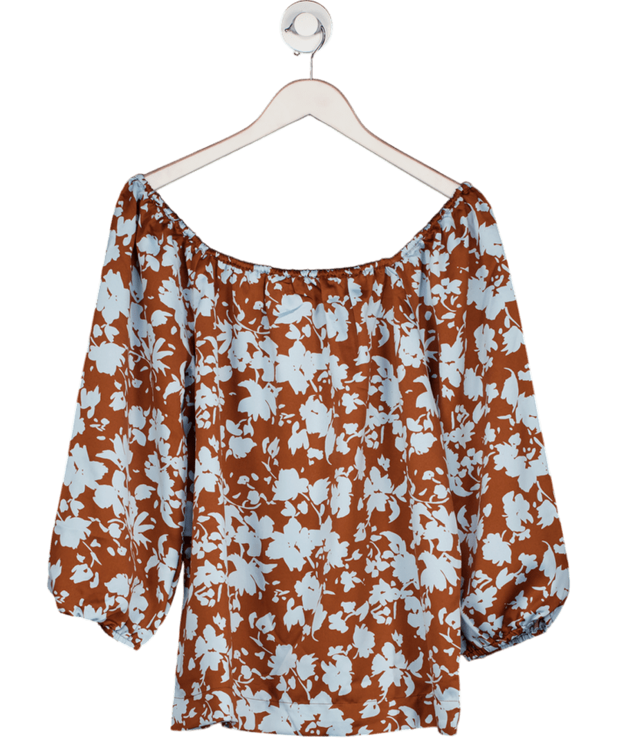 SAINT TROPEZ Blue / Mocha Floral Satin Blouse UK M - Reliked