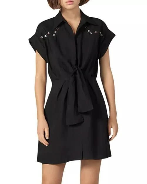 Sandro Black Mavel Tie - front Shirt Dress UK 8 - Reliked
