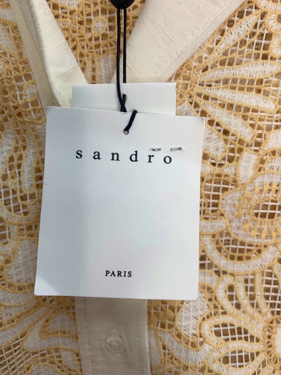 Sandro Daisy Floral Mesh Short Sleeve Shirt In Ecru Yellow SIZE 3 UK 12 - Reliked
