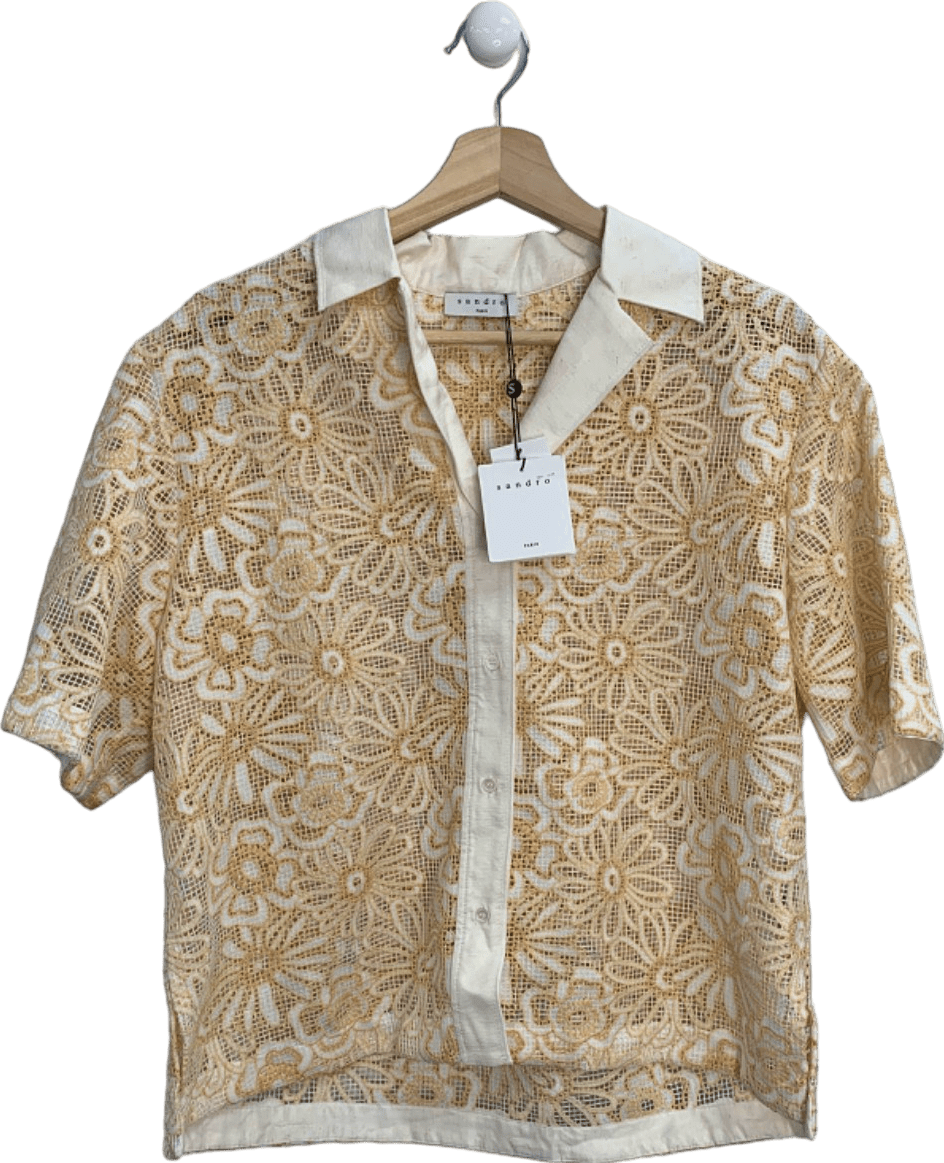 Sandro Daisy Floral Mesh Short Sleeve Shirt In Ecru Yellow SIZE 3 UK 12 - Reliked