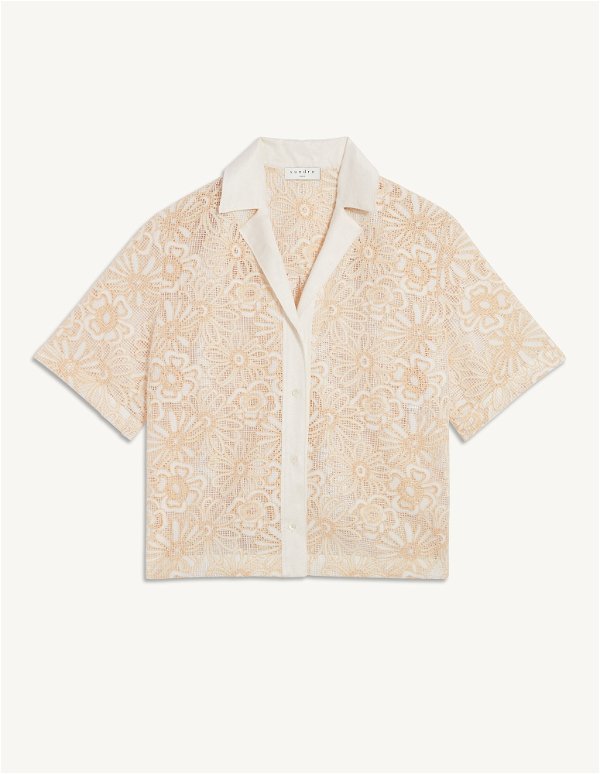 Sandro Daisy Floral Mesh Short Sleeve Shirt In Ecru Yellow SIZE 3 UK 12 - Reliked
