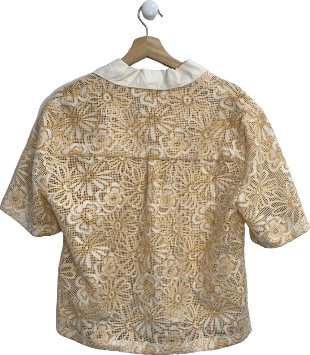 Sandro Daisy Floral Mesh Short Sleeve Shirt In Ecru Yellow SIZE 3 UK 12 - Reliked