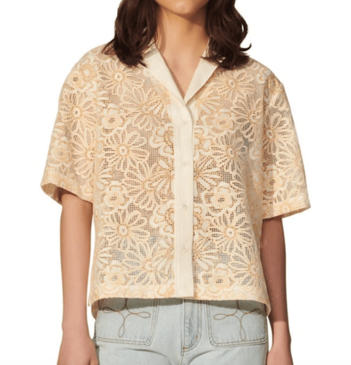 Sandro Daisy Floral Mesh Short Sleeve Shirt In Ecru Yellow SIZE 3 UK 12 - Reliked