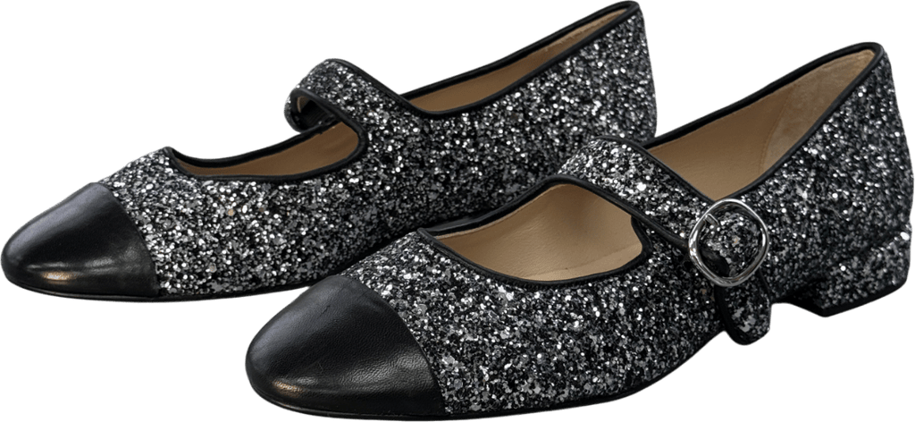 Sandro Paris Black Contrast - toe Glittered And Leather Mary Jane Flats UK 7 EU 40 👠 - Reliked