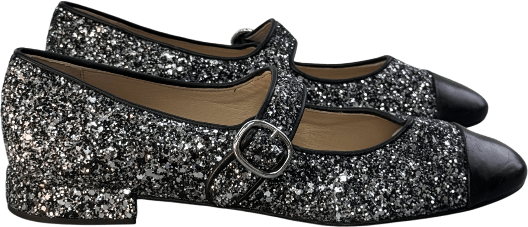 Sandro Paris Black Contrast - toe Glittered And Leather Mary Jane Flats UK 7 EU 40 👠 - Reliked