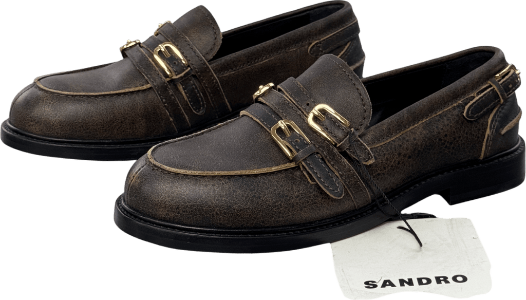Sandro Paris Dark Brown Distressed Leather Loafers UK 6 EU 39 👠 - Reliked