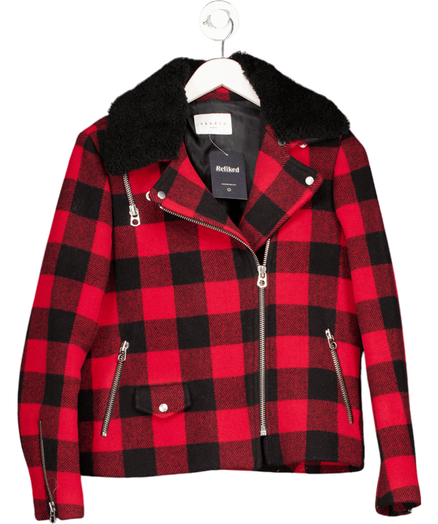 Sandro Paris Red / Black Shearling And Wool Gingham Jacket Fr38 UK 10 - Reliked