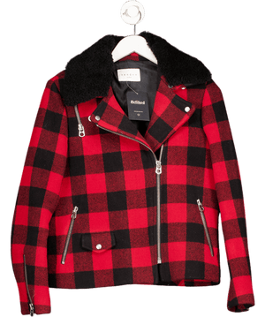 Sandro Paris Red / Black Shearling And Wool Gingham Jacket Fr38 UK 10