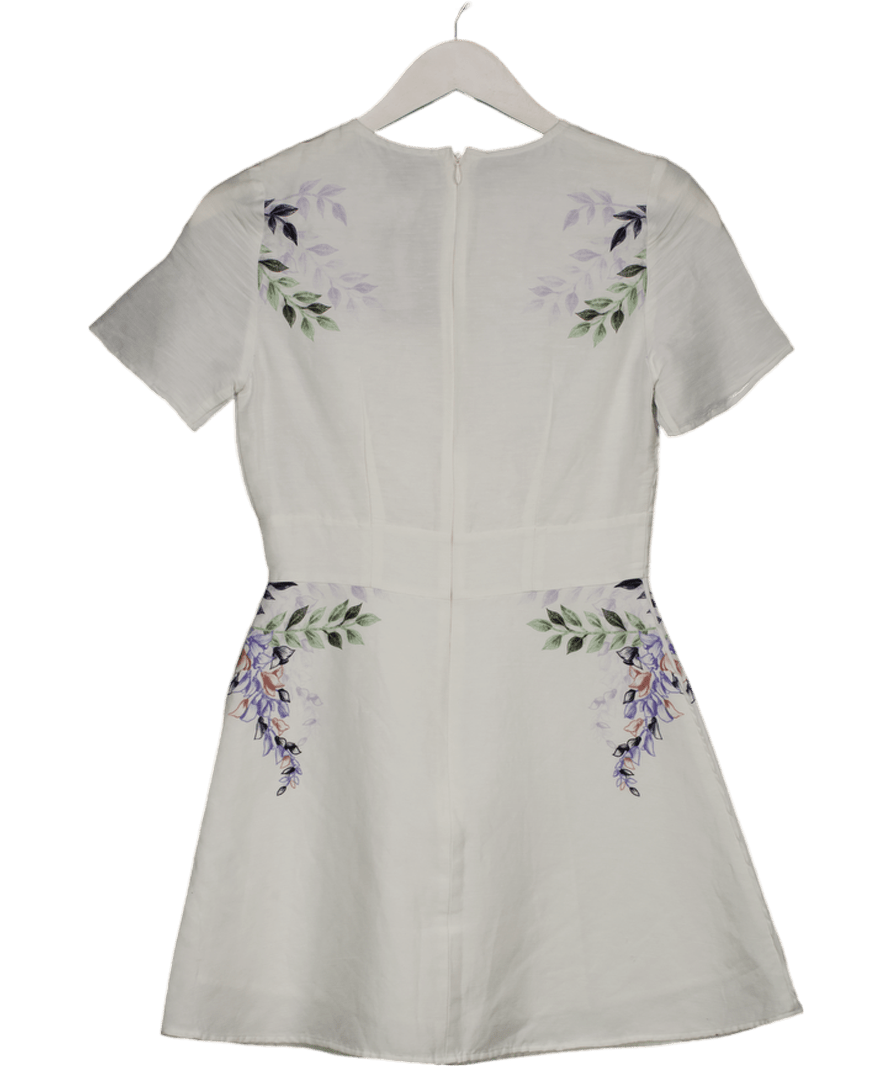 Santolina White Silk / Linen Blend Floral Short Sleeve Mini Dress UK XS - Reliked