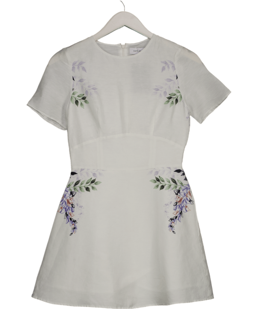 Santolina White Silk / Linen Blend Floral Short Sleeve Mini Dress UK XS - Reliked