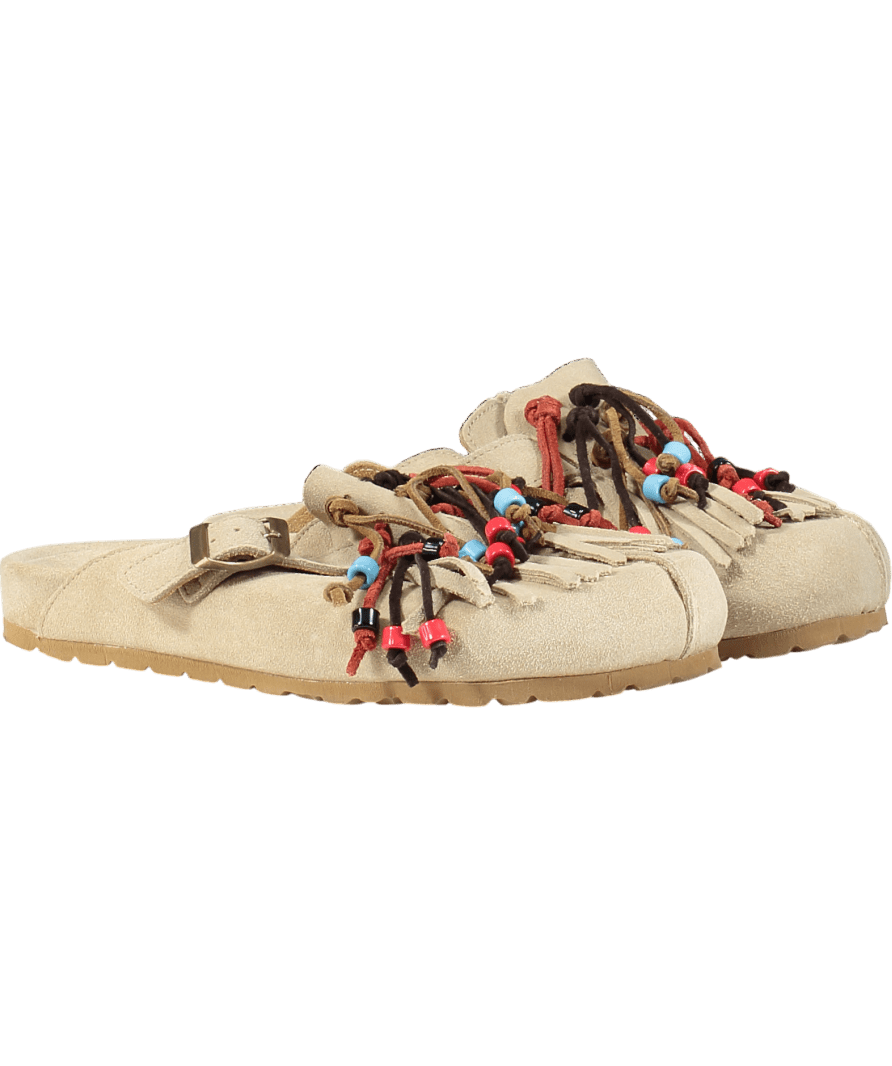 Scarosso Beige Suede Fringed And Beaded Mules UK 5 EU 38 👠 - Reliked