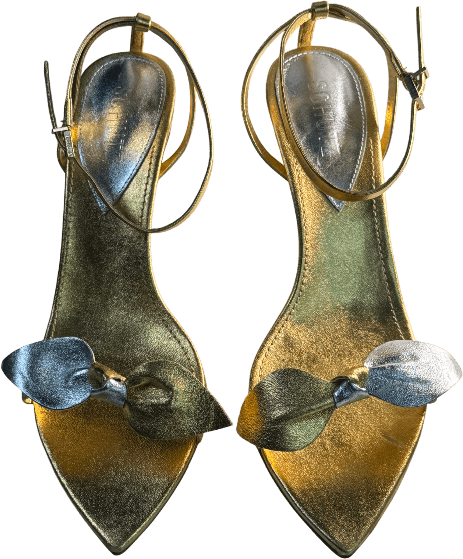 Schutz Metallic Gold/silver Leather Bow Detail Heeled Sandals UK 8 EU 41 👠 - Reliked