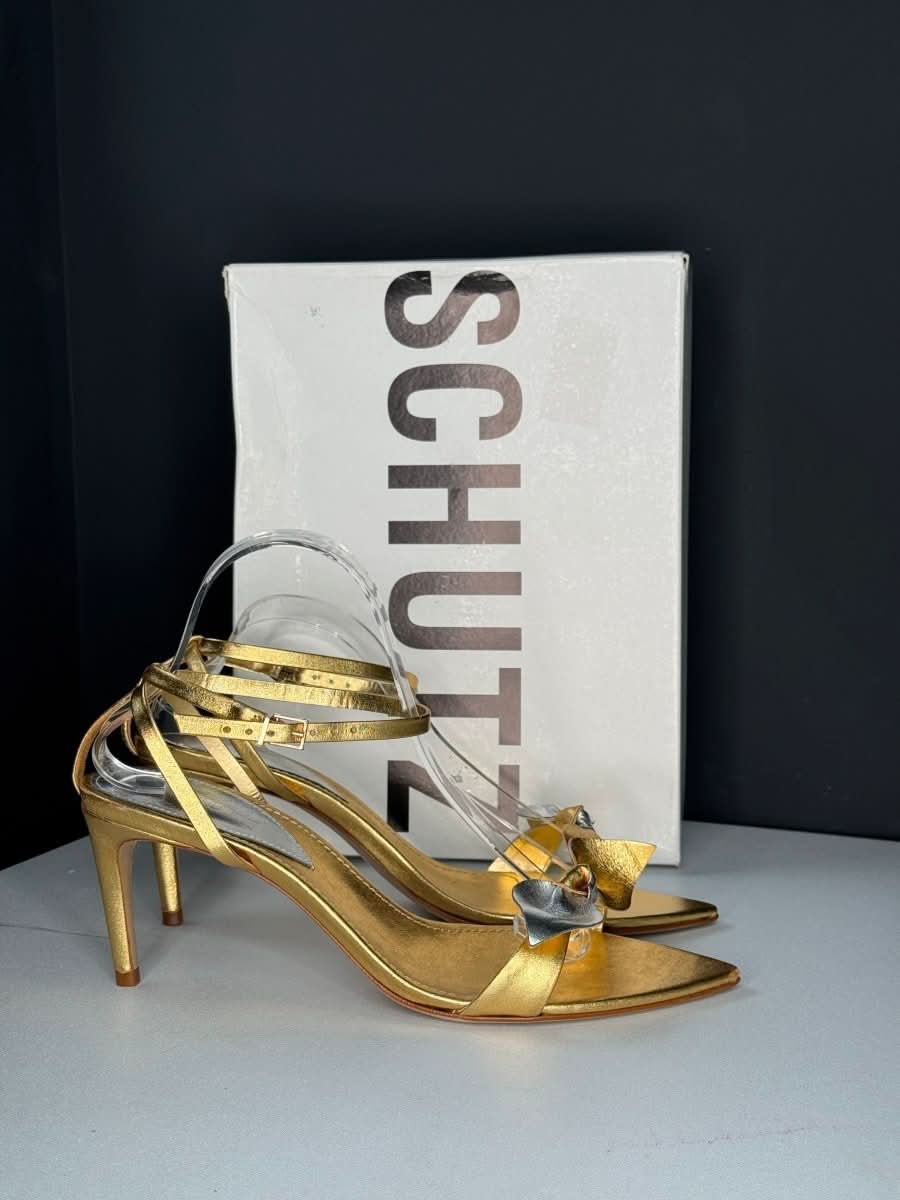 Schutz Metallic Gold/silver Leather Bow Detail Heeled Sandals UK 8 EU 41 👠 - Reliked