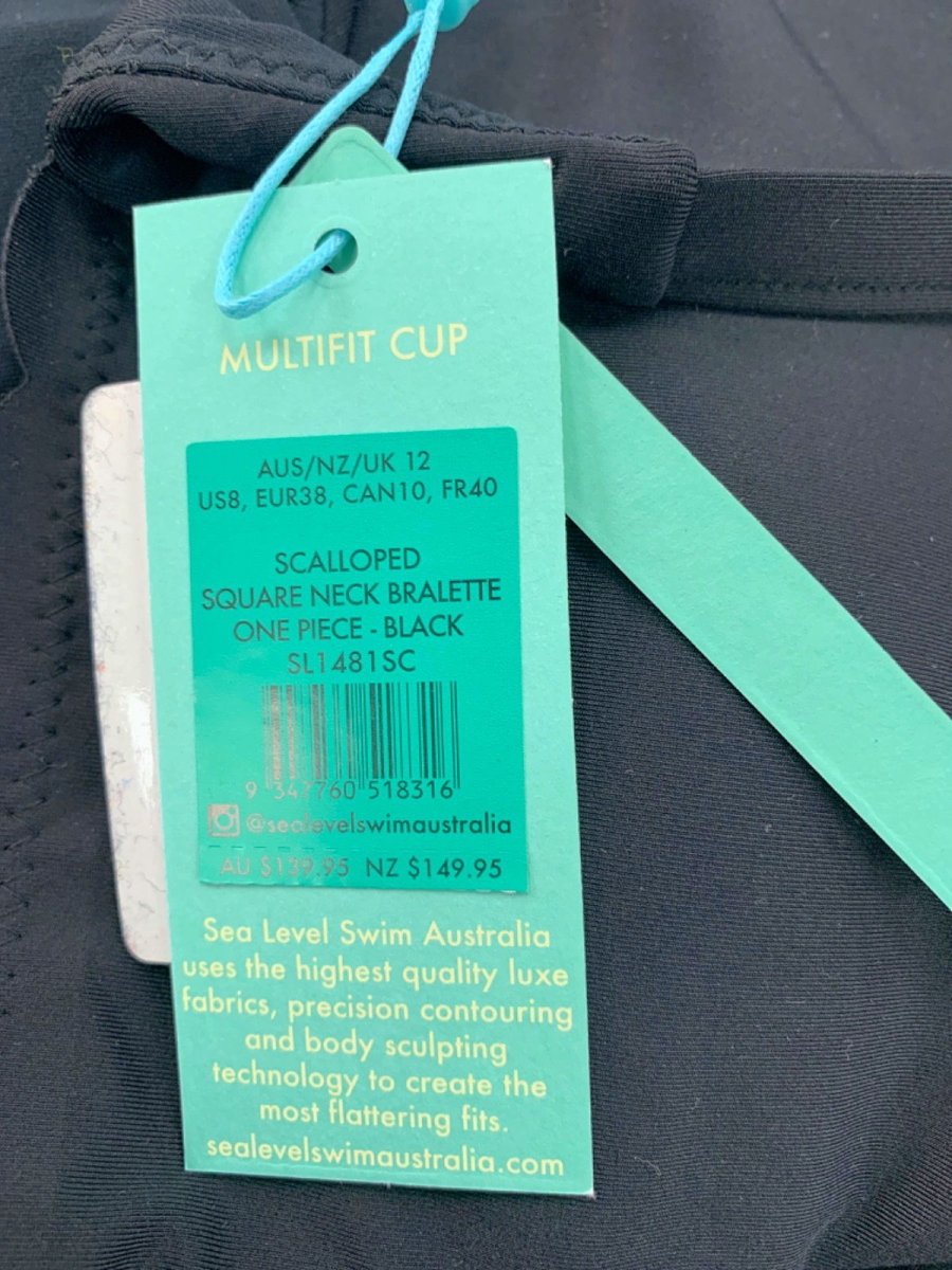 Sea Level Swim Black Scalloped Square Neck Bralette One Piece Swimsuit UK 12 - Reliked