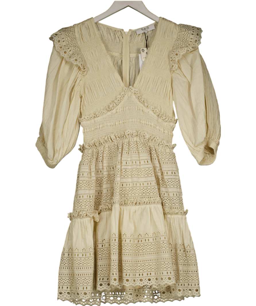 Sea New York Cream Marley Pleated Smocked Mini Dress Us4 UK 8 - Reliked