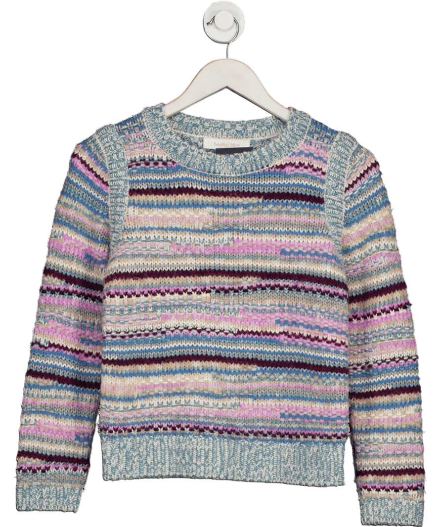 See by Chloé Dusty Blue Alpaca Blend Striped Intarsia Knit Jumper UK S - Reliked