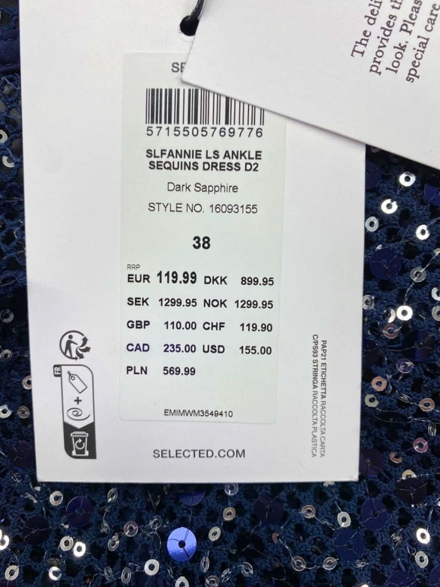 Selected Femme Dark Sapphire Sequins Dress D2 Style Slfannie Ankle UK M - Reliked